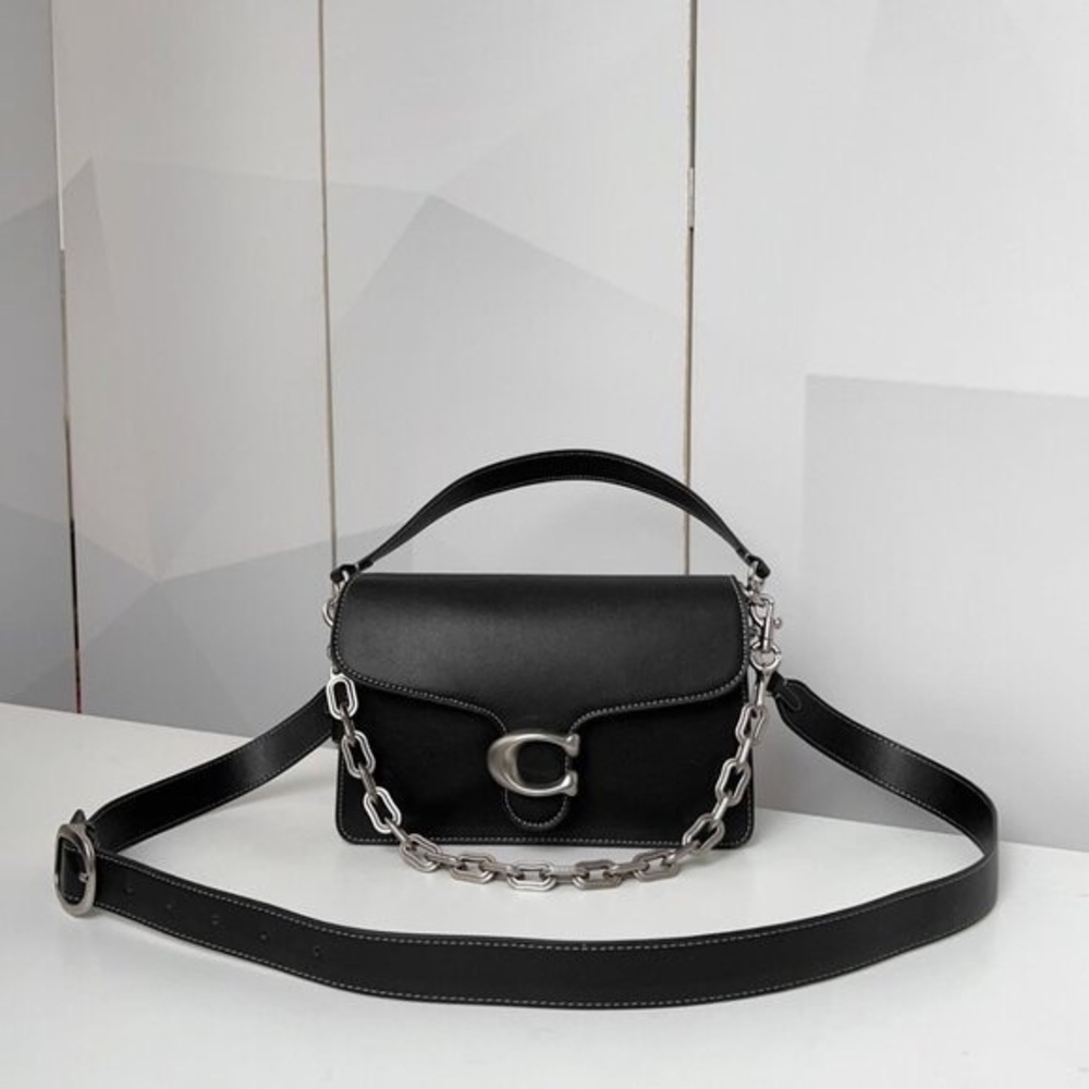 Coach Black Leather Shoulder Bag with Silver Chain
